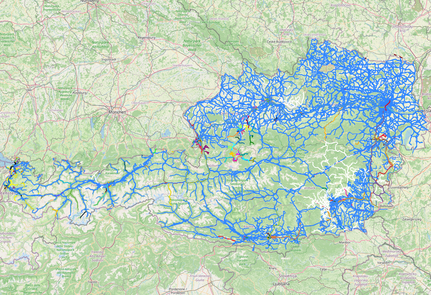 Karte des öffentlichen Verkehrsnetzes in Österreich - Visualisierung der Buslinien und Verbindungen