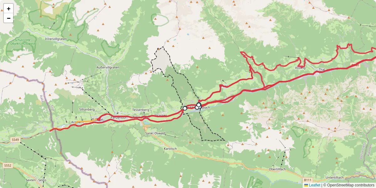 Nahverkehrsnetz in abfaltersbach, Österreich - Buslinien, Haltestellen und Verbindungen auf der Karte
