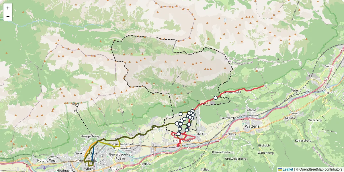 Nahverkehrsnetz in absam, Österreich - Buslinien, Haltestellen und Verbindungen auf der Karte