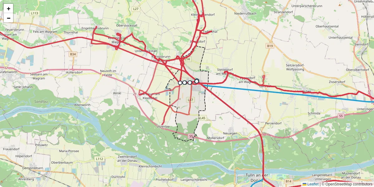 Nahverkehrsnetz in absdorf, Österreich - Buslinien, Haltestellen und Verbindungen auf der Karte