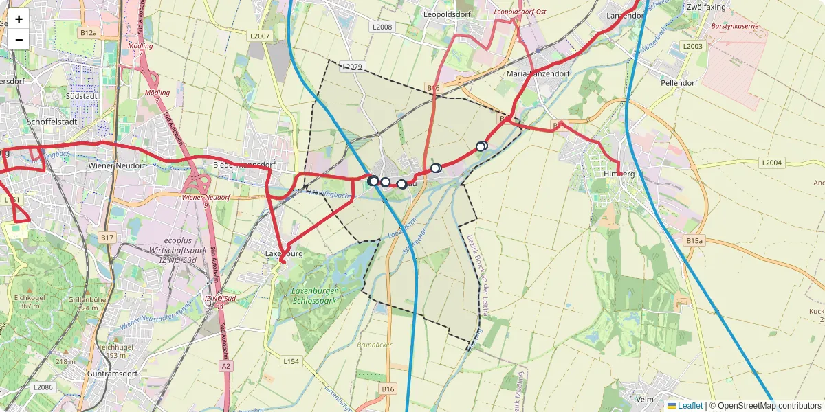 Nahverkehrsnetz in achau, Österreich - Buslinien, Haltestellen und Verbindungen auf der Karte