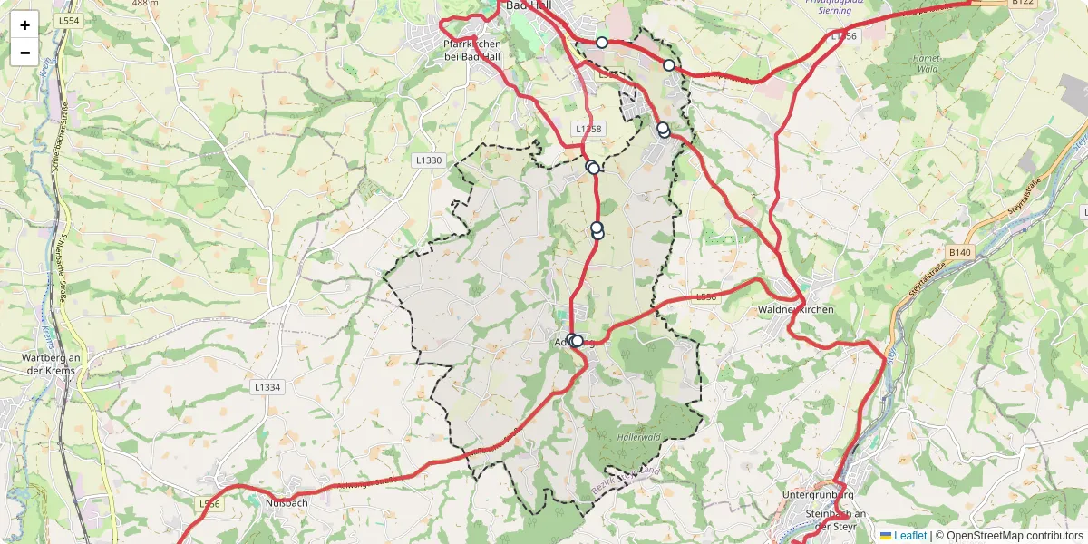 Nahverkehrsnetz in adlwang, Österreich - Buslinien, Haltestellen und Verbindungen auf der Karte