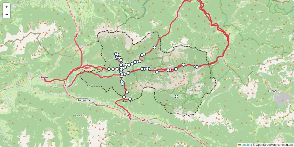 Nahverkehrsnetz in admont, Österreich - Buslinien, Haltestellen und Verbindungen auf der Karte