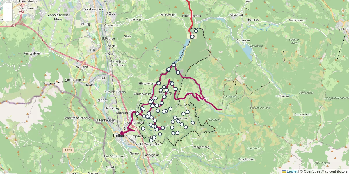 Nahverkehrsnetz in adnet, Österreich - Buslinien, Haltestellen und Verbindungen auf der Karte