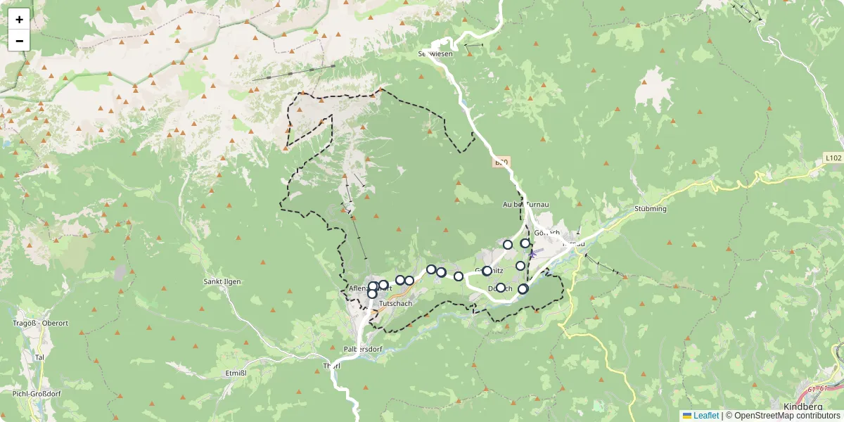 Nahverkehrsnetz in aflenz, Österreich - Buslinien, Haltestellen und Verbindungen auf der Karte