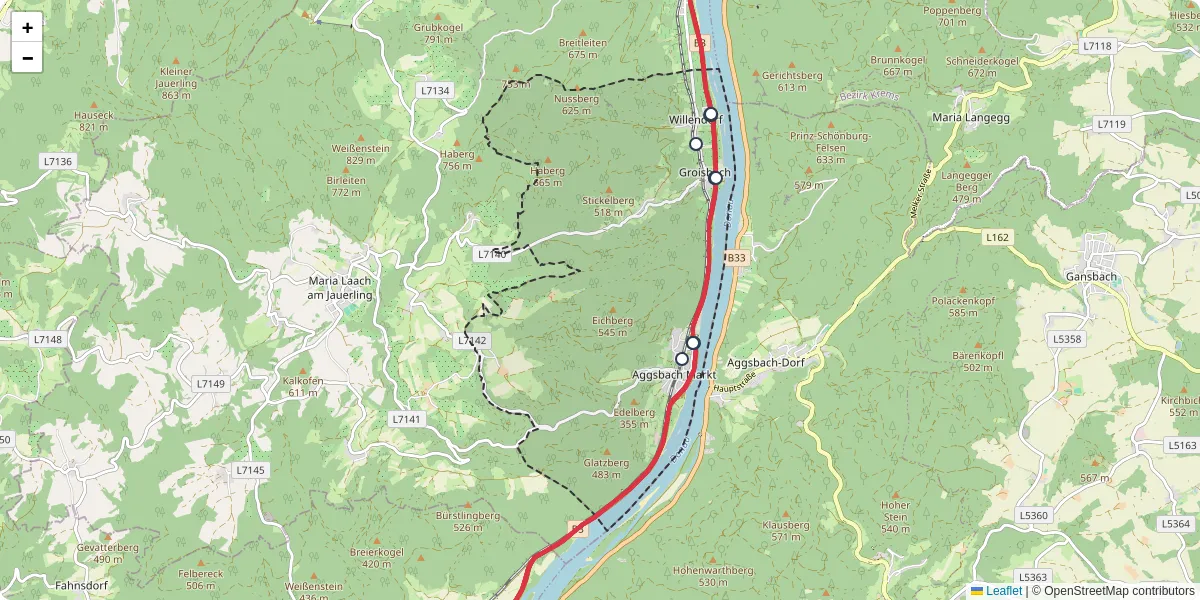 Nahverkehrsnetz in aggsbach, Österreich - Buslinien, Haltestellen und Verbindungen auf der Karte