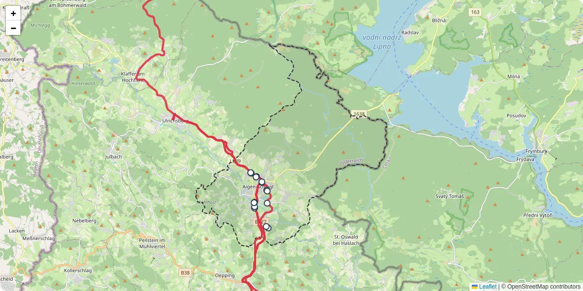 Nahverkehrsnetz in aigen-schlagl, Österreich - Buslinien, Haltestellen und Verbindungen auf der Karte