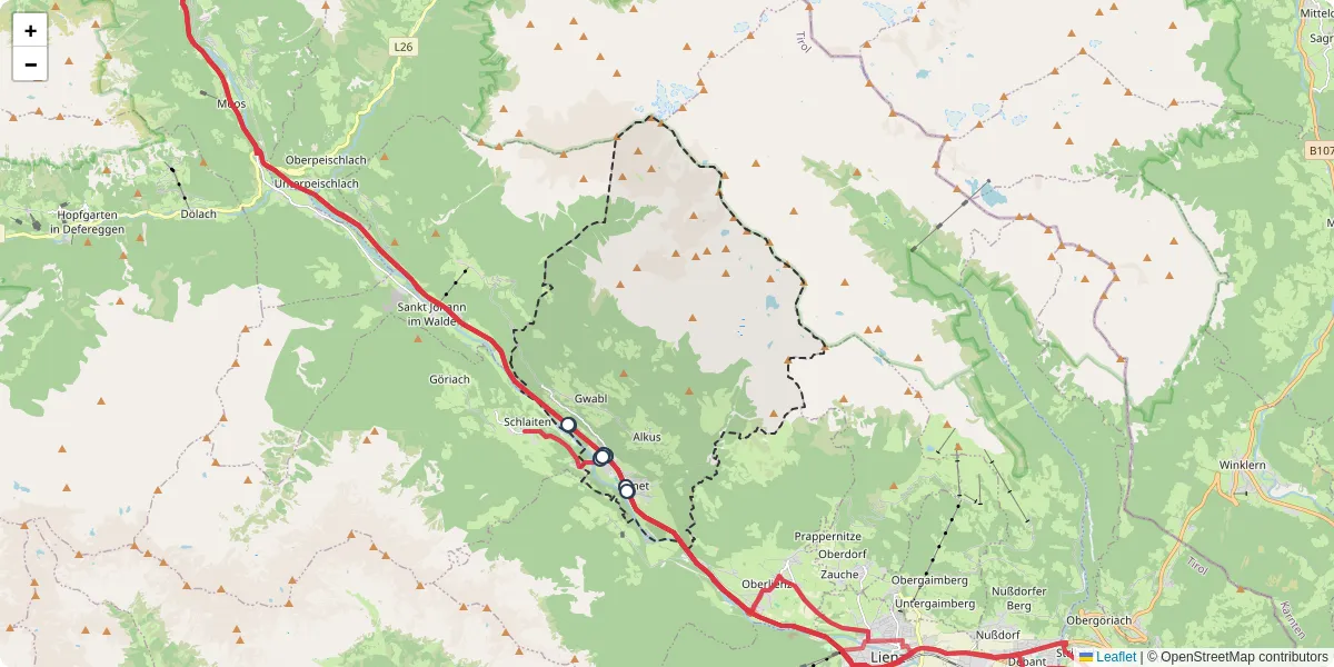Nahverkehrsnetz in ainet, Österreich - Buslinien, Haltestellen und Verbindungen auf der Karte