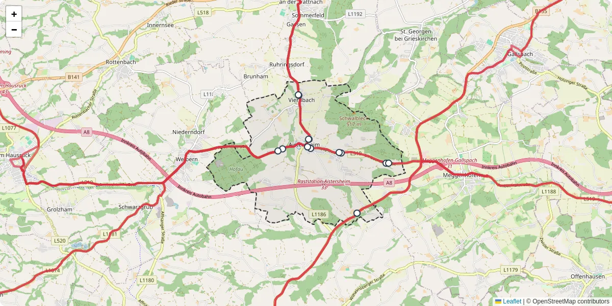 Nahverkehrsnetz in aistersheim, Österreich - Buslinien, Haltestellen und Verbindungen auf der Karte