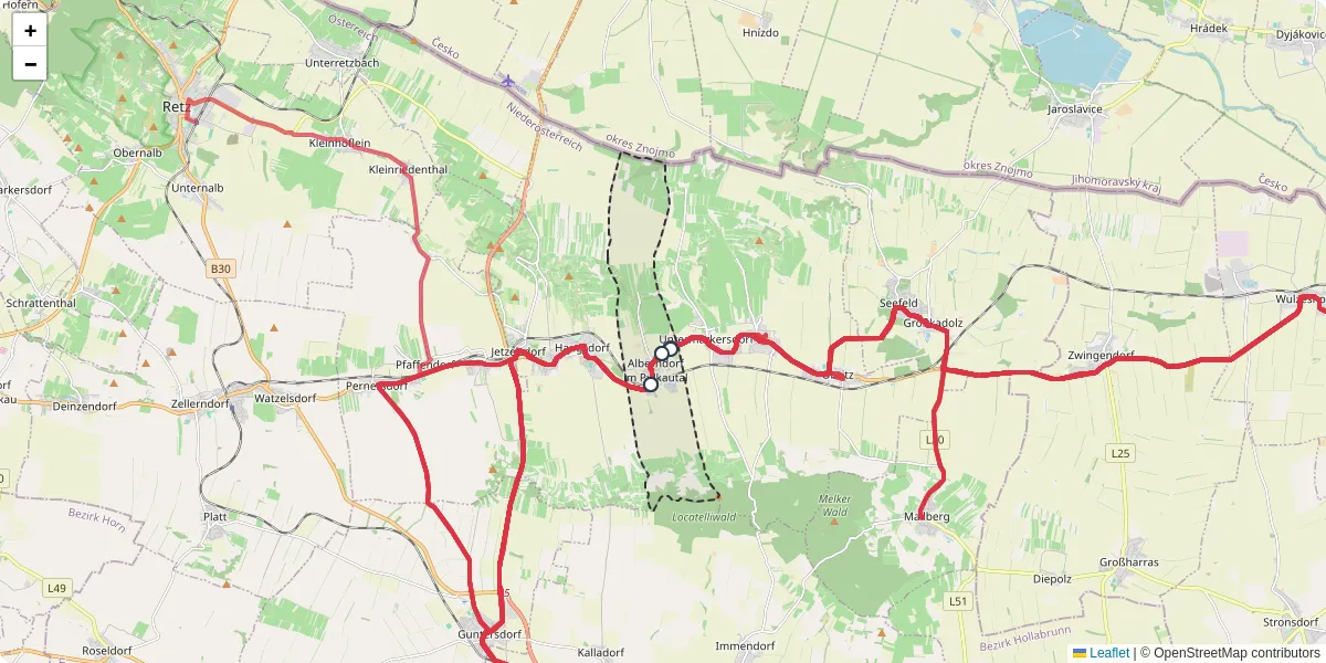 Nahverkehrsnetz in alberndorf-im-pulkautal, Österreich - Buslinien, Haltestellen und Verbindungen auf der Karte