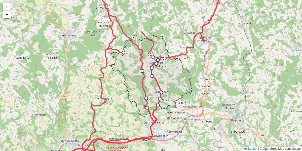 Nahverkehrsnetz in alberndorf-in-der-riedmark, Österreich - Buslinien, Haltestellen und Verbindungen auf der Karte