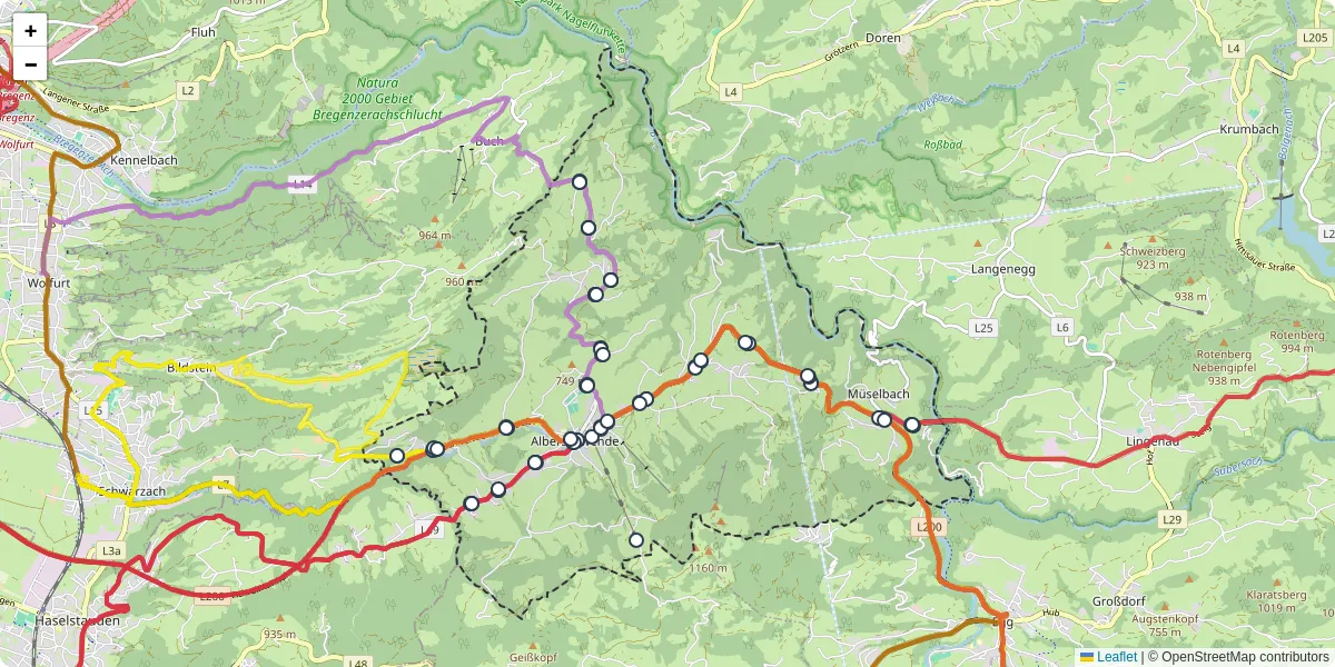Nahverkehrsnetz in alberschwende, Österreich - Buslinien, Haltestellen und Verbindungen auf der Karte