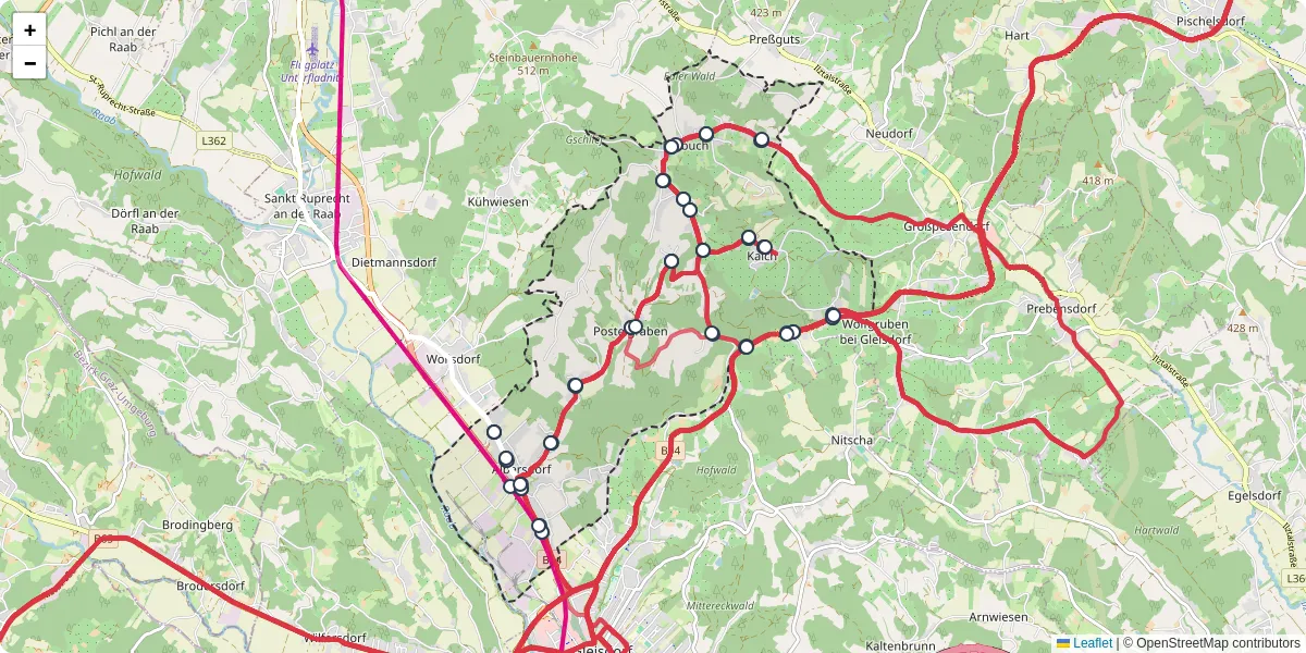 Nahverkehrsnetz in albersdorf-prebuch, Österreich - Buslinien, Haltestellen und Verbindungen auf der Karte