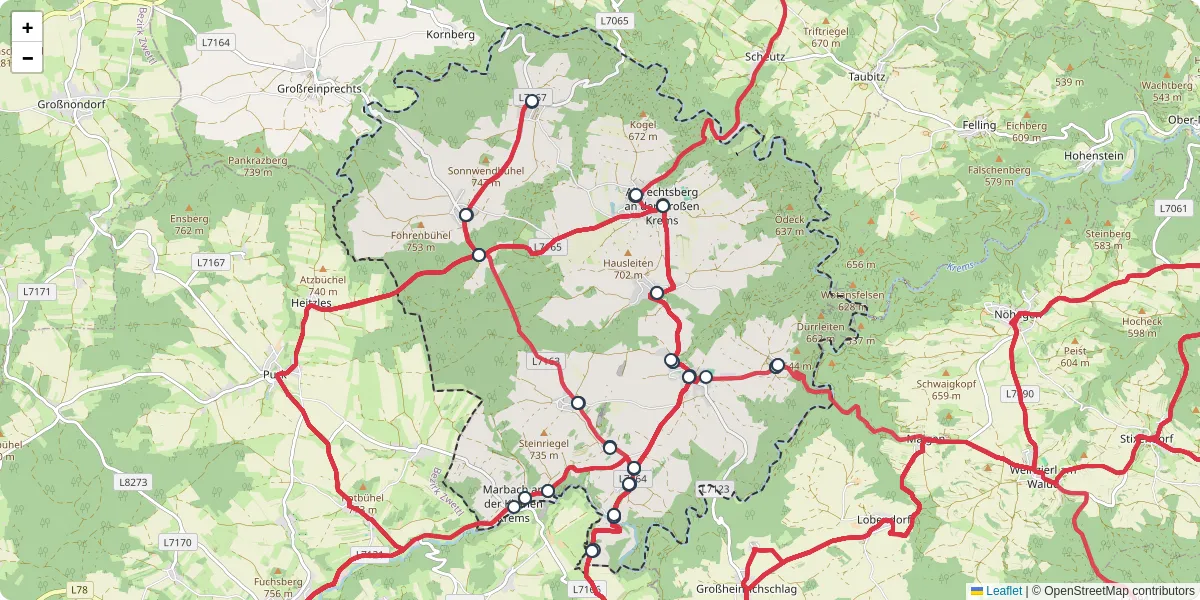 Nahverkehrsnetz in albrechtsberg-an-der-groen-krems, Österreich - Buslinien, Haltestellen und Verbindungen auf der Karte