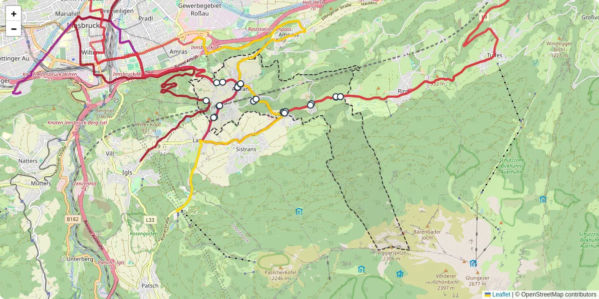 Nahverkehrsnetz in aldrans, Österreich - Buslinien, Haltestellen und Verbindungen auf der Karte