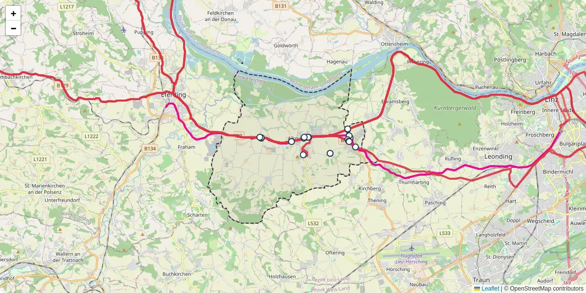 Nahverkehrsnetz in alkoven, Österreich - Buslinien, Haltestellen und Verbindungen auf der Karte