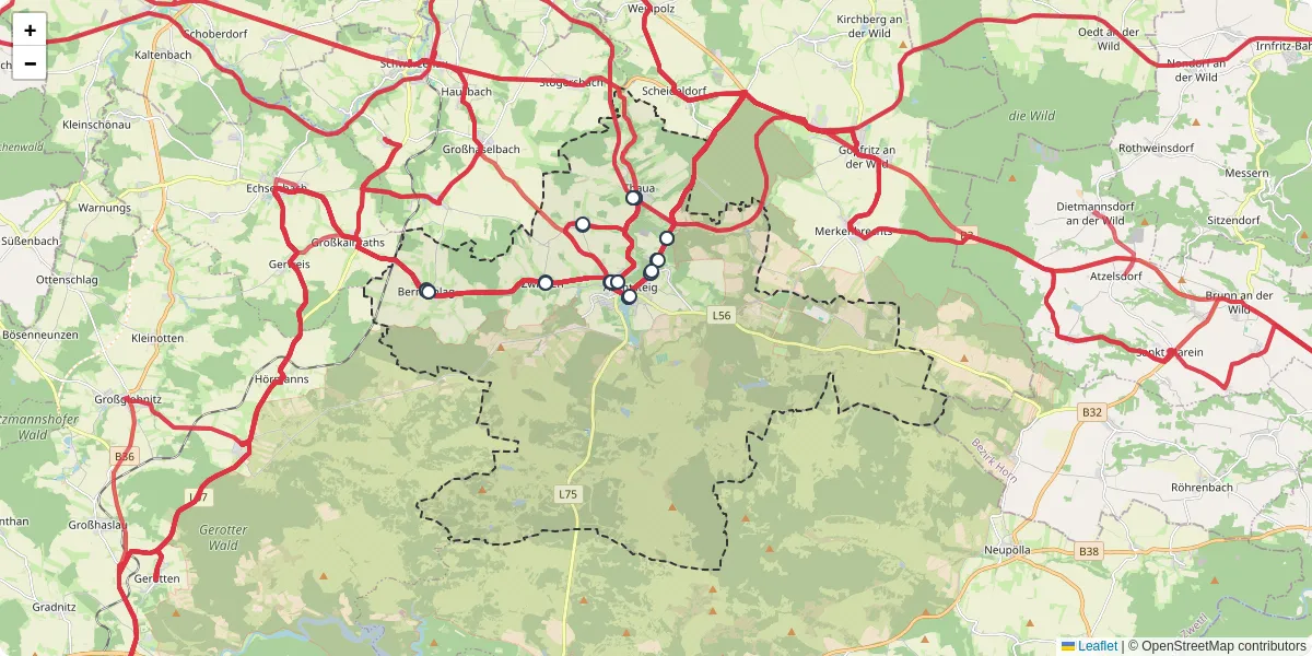 Nahverkehrsnetz in allentsteig, Österreich - Buslinien, Haltestellen und Verbindungen auf der Karte