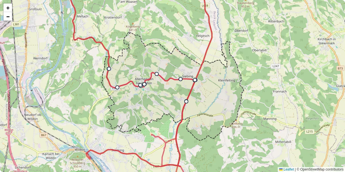 Nahverkehrsnetz in allerheiligen-bei-wildon, Österreich - Buslinien, Haltestellen und Verbindungen auf der Karte