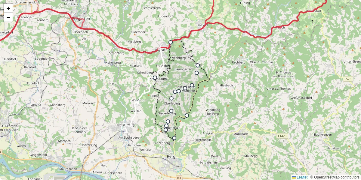 Nahverkehrsnetz in allerheiligen-im-muhlkreis, Österreich - Buslinien, Haltestellen und Verbindungen auf der Karte