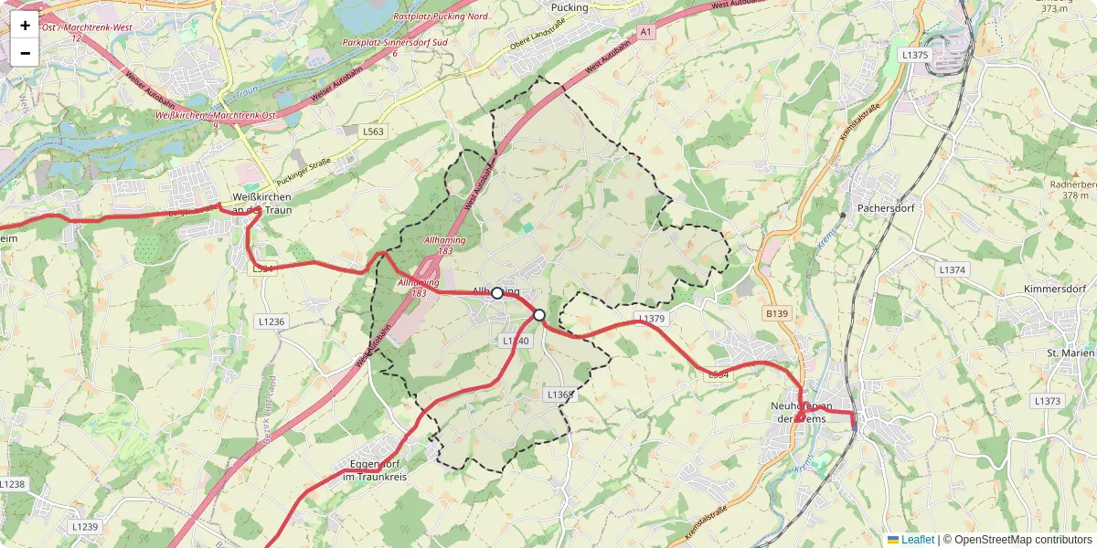 Nahverkehrsnetz in allhaming, Österreich - Buslinien, Haltestellen und Verbindungen auf der Karte