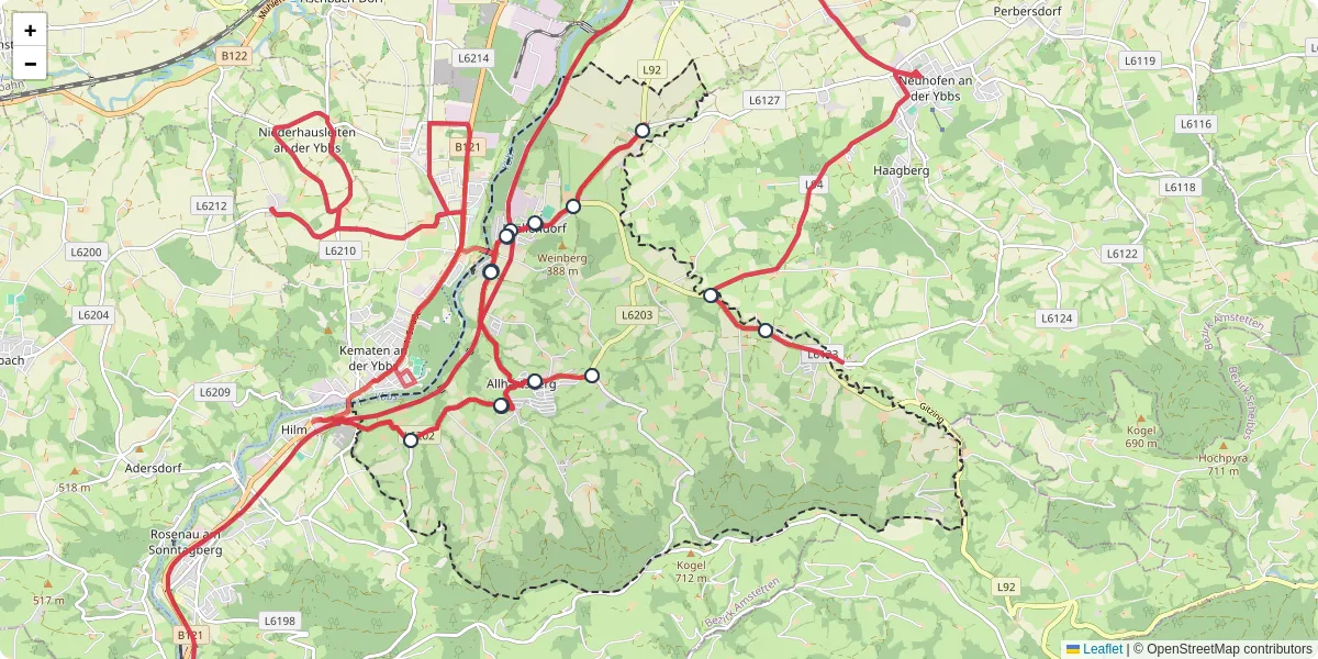 Nahverkehrsnetz in allhartsberg, Österreich - Buslinien, Haltestellen und Verbindungen auf der Karte
