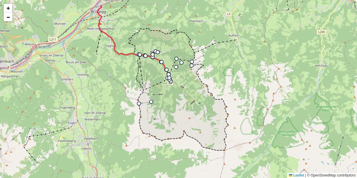 Nahverkehrsnetz in alpbach, Österreich - Buslinien, Haltestellen und Verbindungen auf der Karte