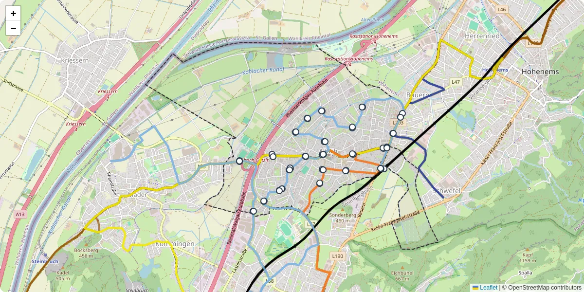 Nahverkehrsnetz in altach, Österreich - Buslinien, Haltestellen und Verbindungen auf der Karte