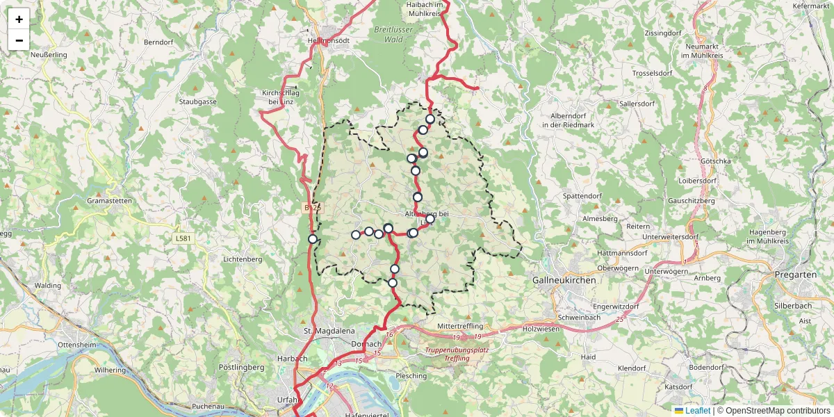 Nahverkehrsnetz in altenberg-bei-linz, Österreich - Buslinien, Haltestellen und Verbindungen auf der Karte