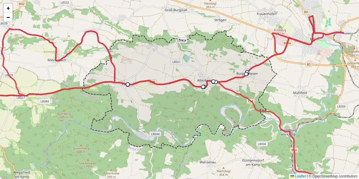 Nahverkehrsnetz in altenburg, Österreich - Buslinien, Haltestellen und Verbindungen auf der Karte