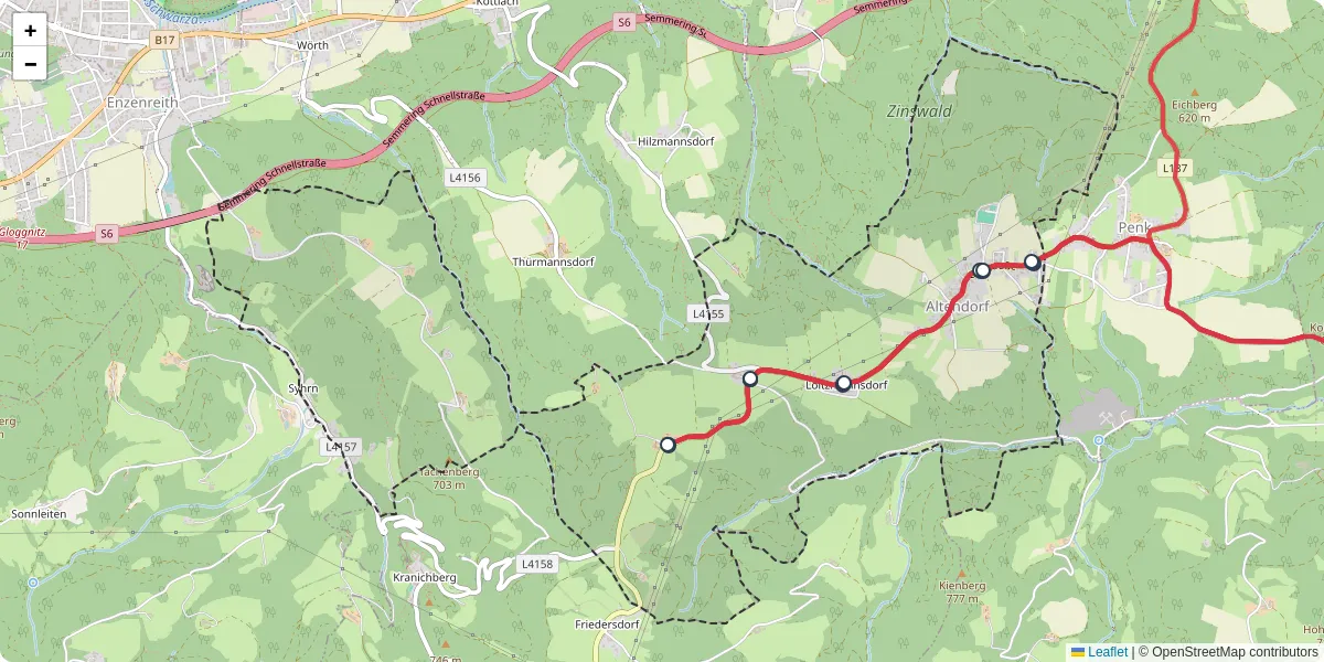 Nahverkehrsnetz in altendorf, Österreich - Buslinien, Haltestellen und Verbindungen auf der Karte