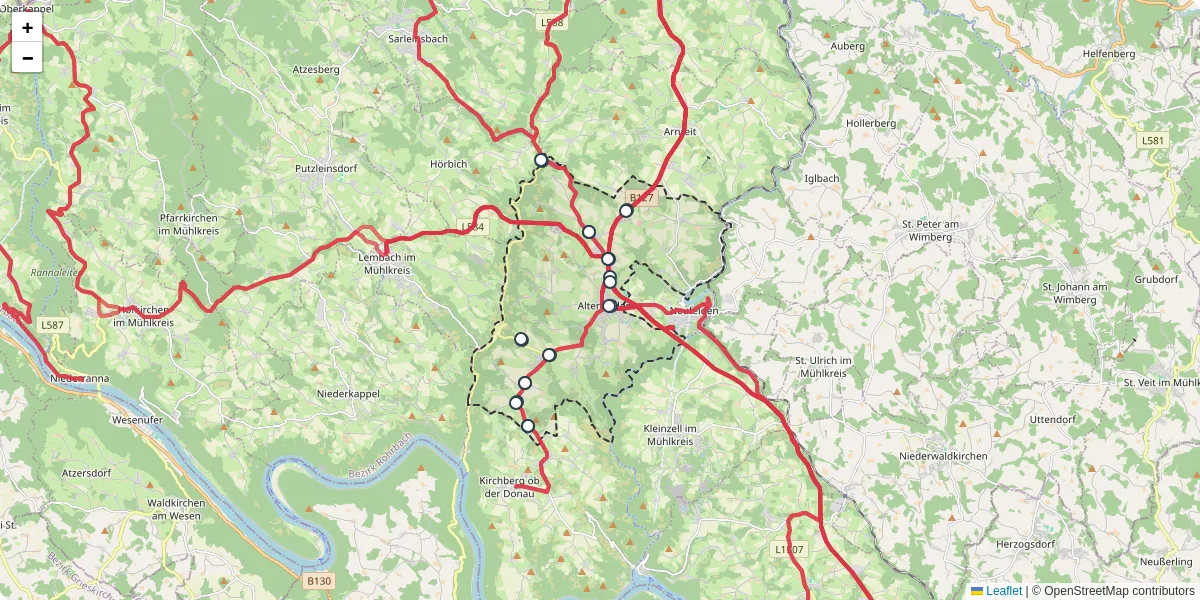 Nahverkehrsnetz in altenfelden, Österreich - Buslinien, Haltestellen und Verbindungen auf der Karte