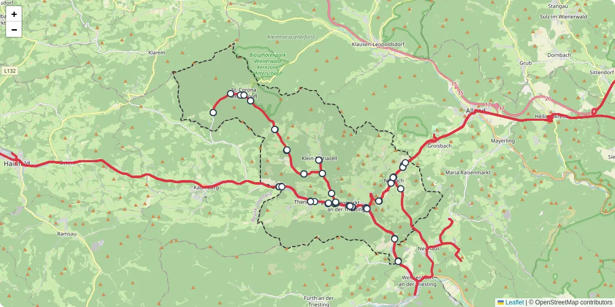 Nahverkehrsnetz in altenmarkt-an-der-triesting, Österreich - Buslinien, Haltestellen und Verbindungen auf der Karte