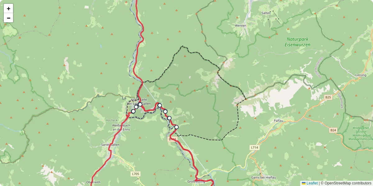 Nahverkehrsnetz in altenmarkt-bei-sankt-gallen, Österreich - Buslinien, Haltestellen und Verbindungen auf der Karte