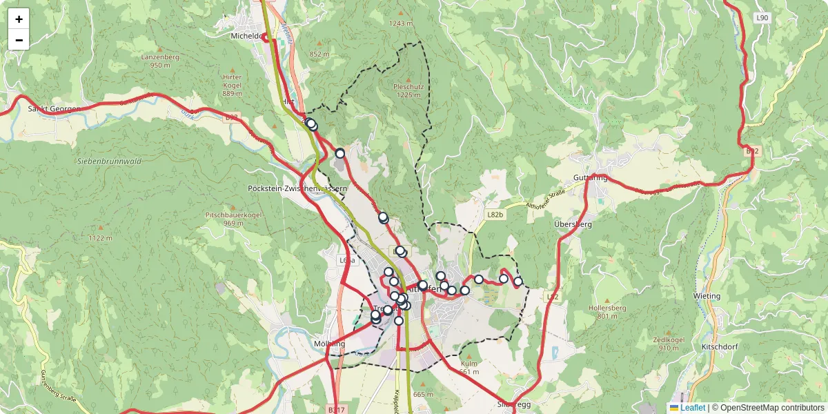 Nahverkehrsnetz in althofen, Österreich - Buslinien, Haltestellen und Verbindungen auf der Karte