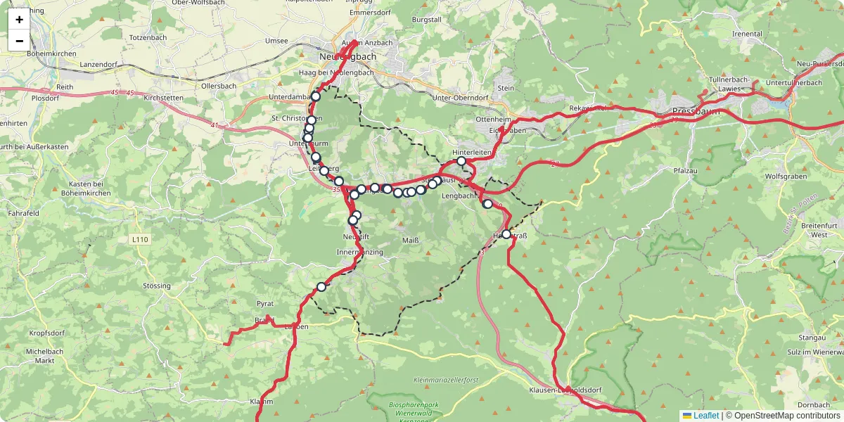 Nahverkehrsnetz in altlengbach, Österreich - Buslinien, Haltestellen und Verbindungen auf der Karte