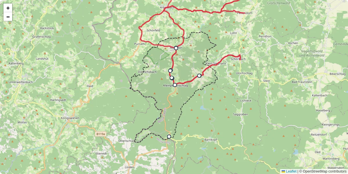 Nahverkehrsnetz in altmelon, Österreich - Buslinien, Haltestellen und Verbindungen auf der Karte