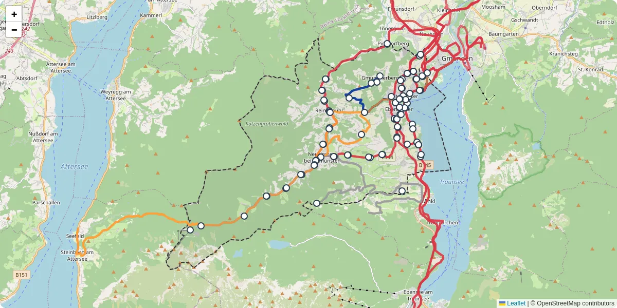 Nahverkehrsnetz in altmunster, Österreich - Buslinien, Haltestellen und Verbindungen auf der Karte