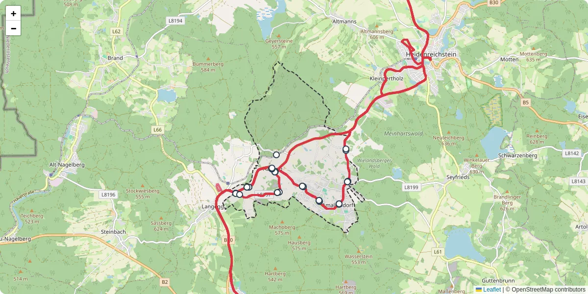 Nahverkehrsnetz in amaliendorf-aalfang, Österreich - Buslinien, Haltestellen und Verbindungen auf der Karte