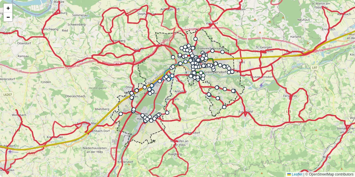 Nahverkehrsnetz in amstetten, Österreich - Buslinien, Haltestellen und Verbindungen auf der Karte