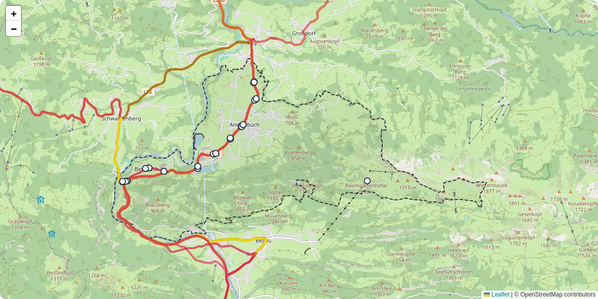 Nahverkehrsnetz in andelsbuch, Österreich - Buslinien, Haltestellen und Verbindungen auf der Karte