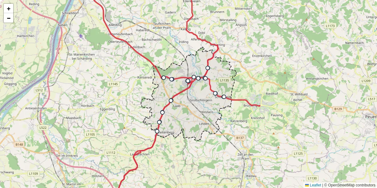 Nahverkehrsnetz in andorf, Österreich - Buslinien, Haltestellen und Verbindungen auf der Karte