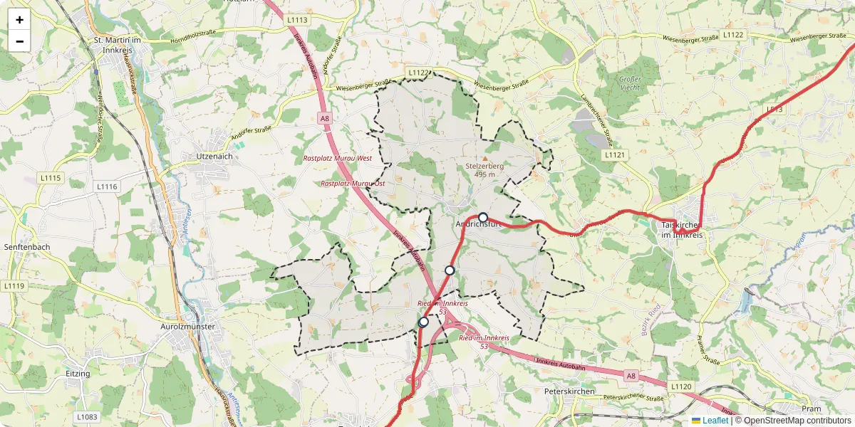 Nahverkehrsnetz in andrichsfurt, Österreich - Buslinien, Haltestellen und Verbindungen auf der Karte
