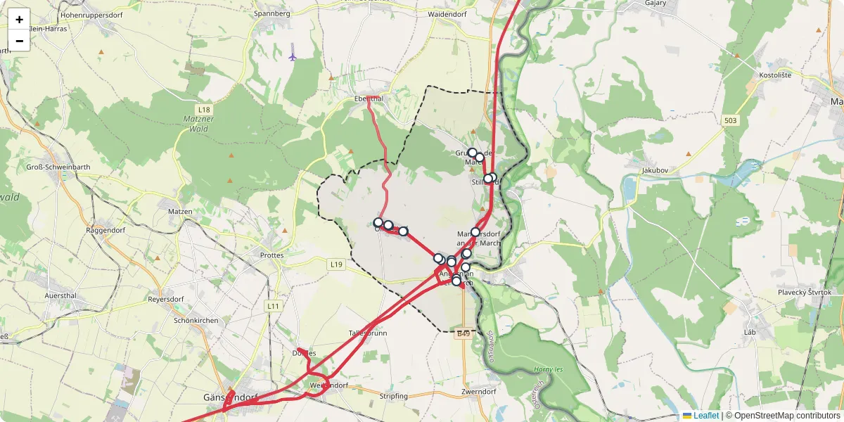 Nahverkehrsnetz in angern-an-der-march, Österreich - Buslinien, Haltestellen und Verbindungen auf der Karte
