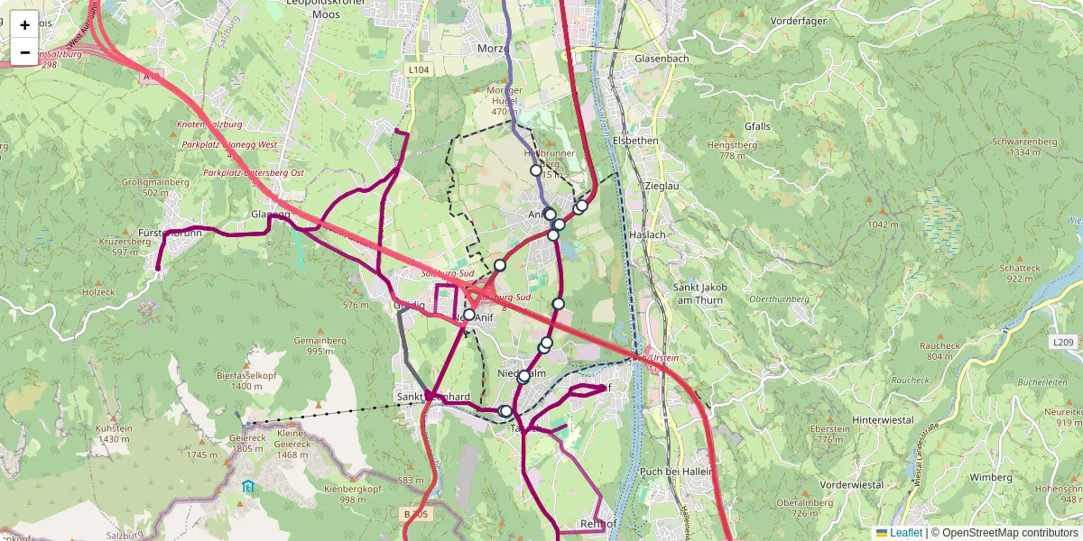 Nahverkehrsnetz in anif, Österreich - Buslinien, Haltestellen und Verbindungen auf der Karte