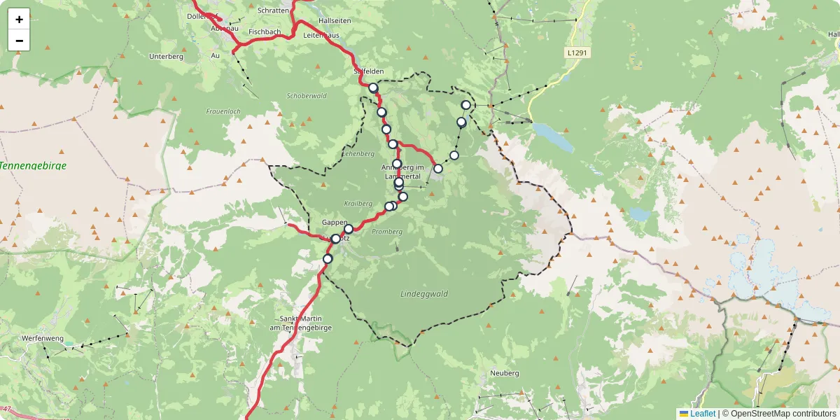 Nahverkehrsnetz in annaberg-lungotz, Österreich - Buslinien, Haltestellen und Verbindungen auf der Karte