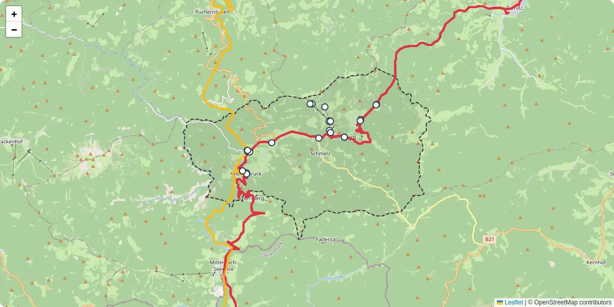 Nahverkehrsnetz in annaberg, Österreich - Buslinien, Haltestellen und Verbindungen auf der Karte