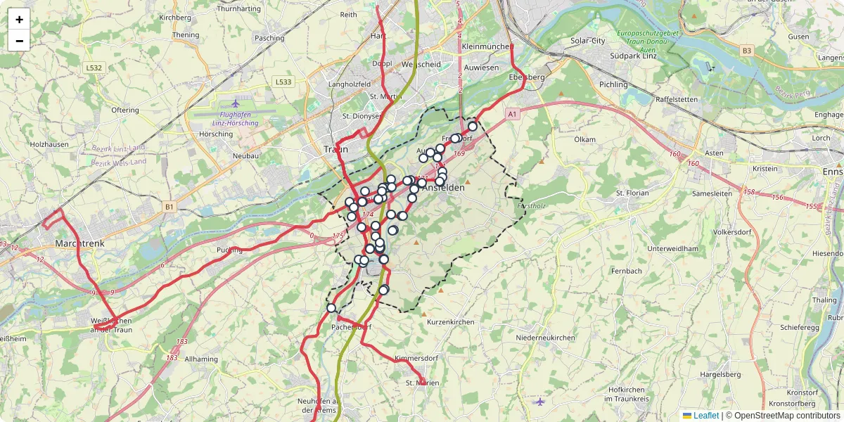 Nahverkehrsnetz in ansfelden, Österreich - Buslinien, Haltestellen und Verbindungen auf der Karte