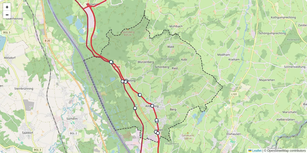 Nahverkehrsnetz in anthering, Österreich - Buslinien, Haltestellen und Verbindungen auf der Karte