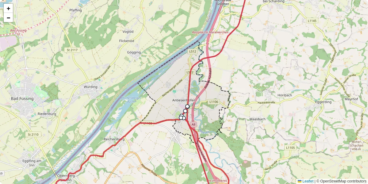 Nahverkehrsnetz in antiesenhofen, Österreich - Buslinien, Haltestellen und Verbindungen auf der Karte