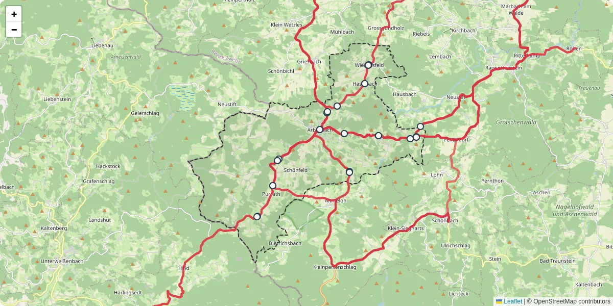 Nahverkehrsnetz in arbesbach, Österreich - Buslinien, Haltestellen und Verbindungen auf der Karte